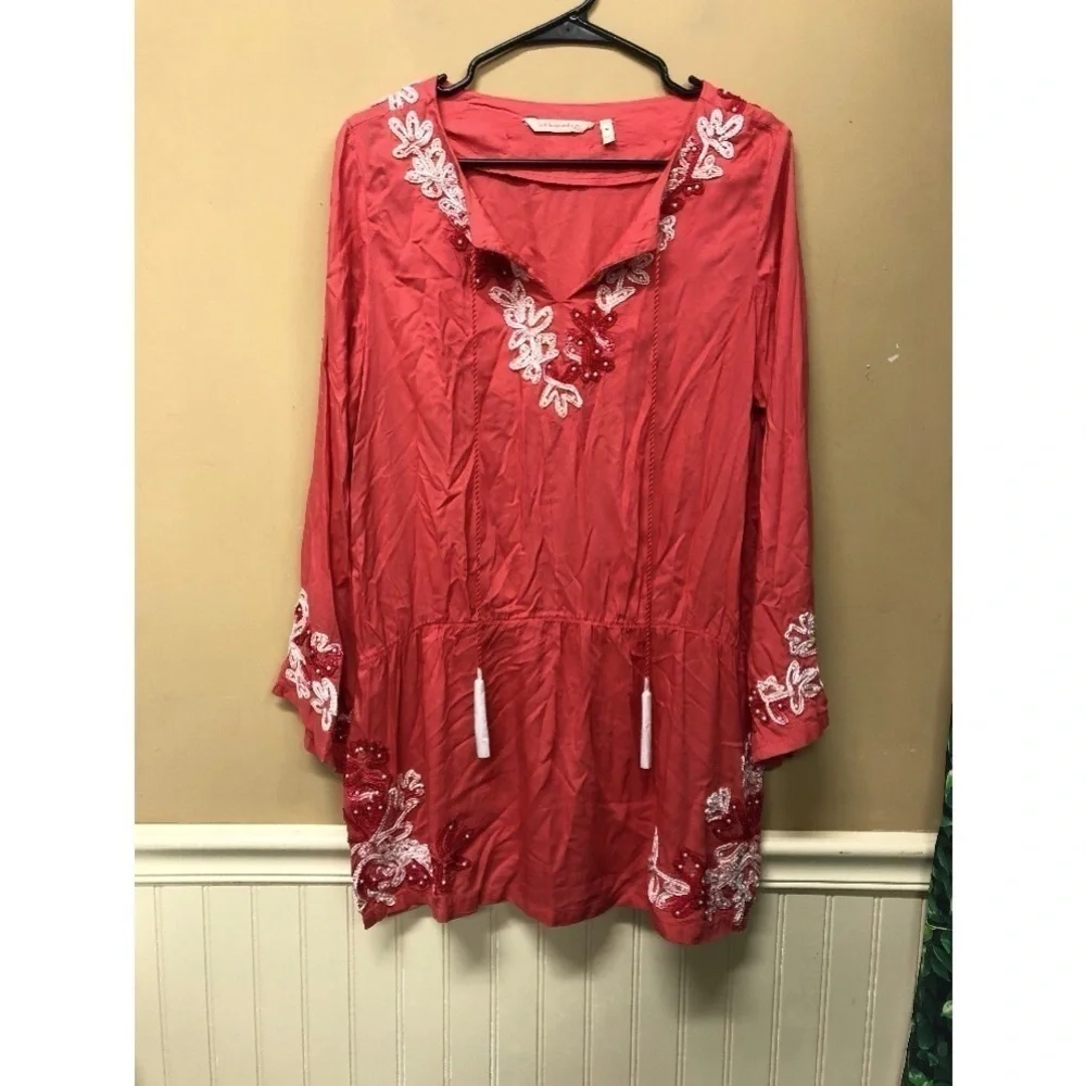 SOFT SURROUNDINGS Coral Pink Embroidered Floral Bead Tassel Tunic Top Size Med - Picture 1 of 6